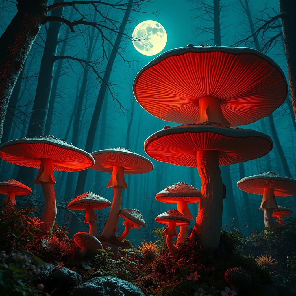 Moonlit Forest with Spooky Mushrooms: Digital Matte Painting
