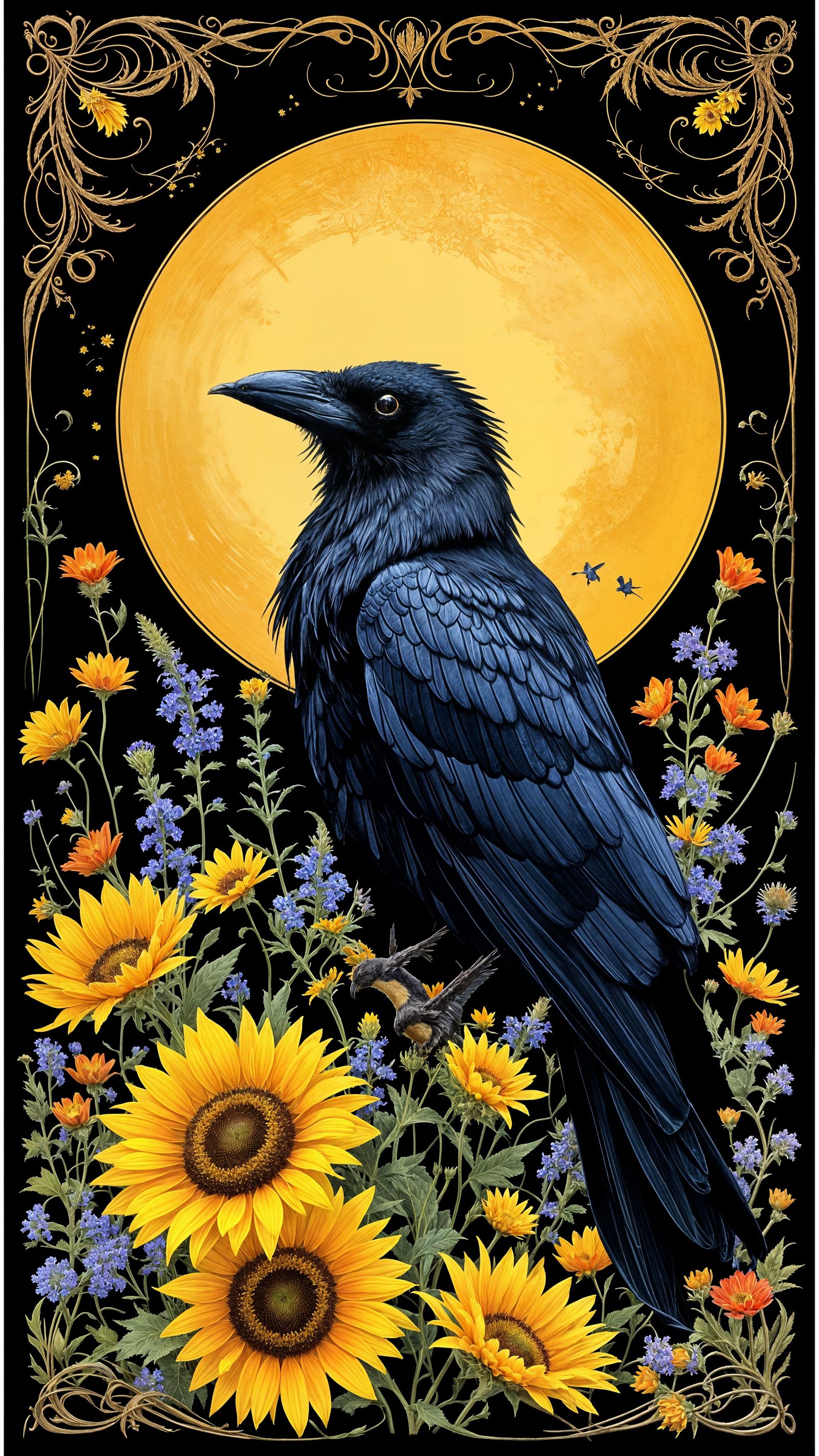 Elegant Victorian Raven and Sunflowers in Art Nouveau Style
