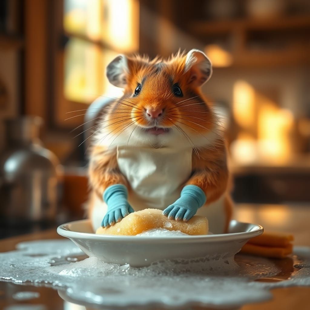 Hamster Washing Dishes in Cozy Kitchen Setting