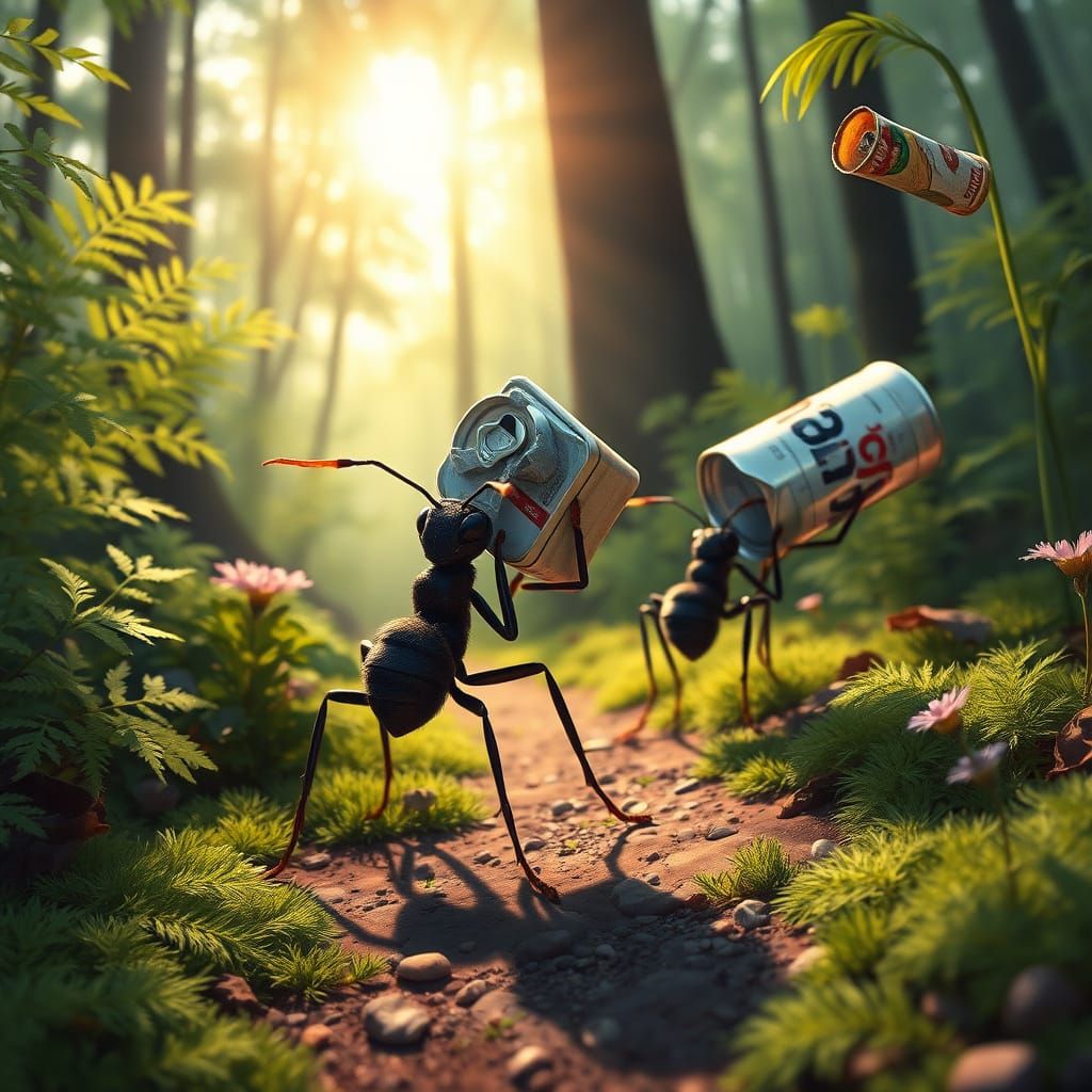 Ants Cleaning Trash in Hyperrealistic Forest Illustration