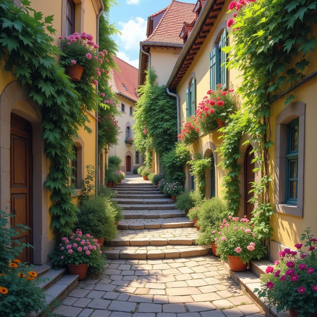 Charming German Courtyard in Spring: Impressionist Style