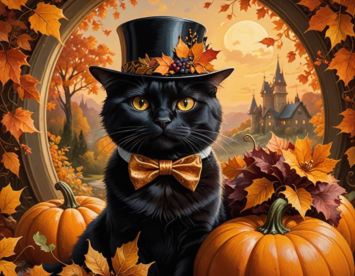 Black Cat in Top Hat with Autumn Leaves on Pumpkin