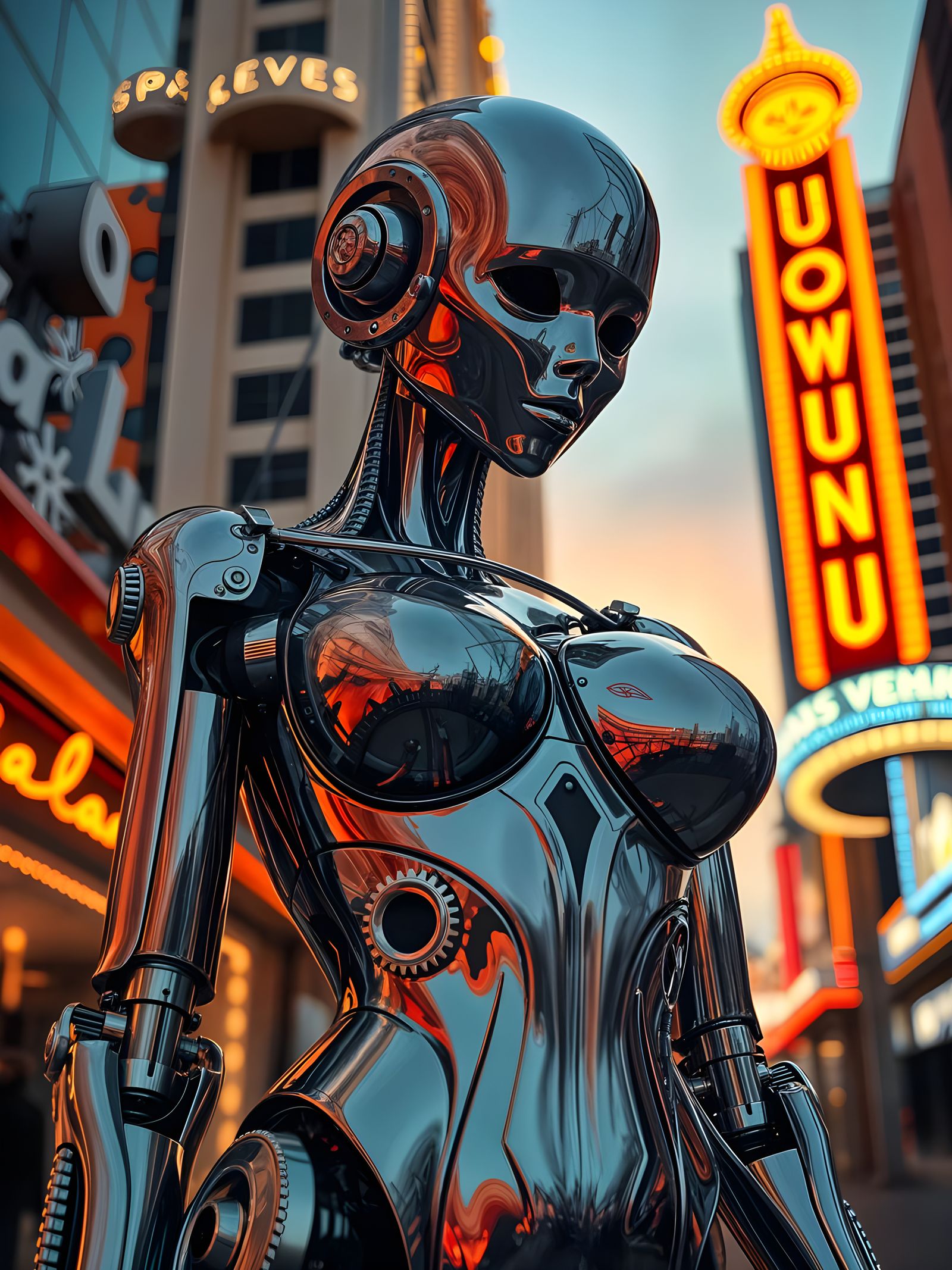 Chromium Android Sculpture Amidst Neon Sunset