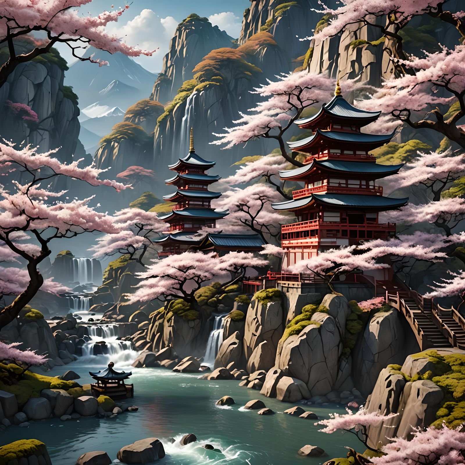 Japanese Temple with Cherry Blossoms and Mountain River