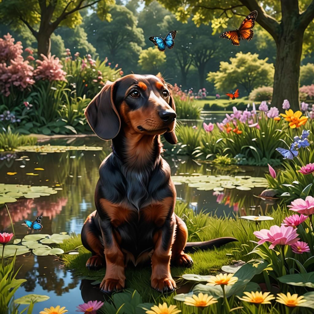 Dachshund in Park: Detailed Matte Painting