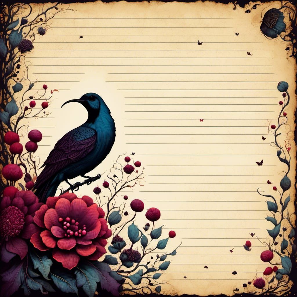 Gothic Notebook Page with Flowers, Skulls and Moths