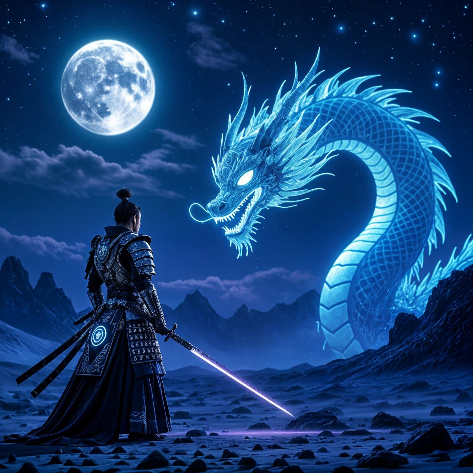 Cybernetic Samurai Battles Bioluminescent Dragon on Alien Wo...