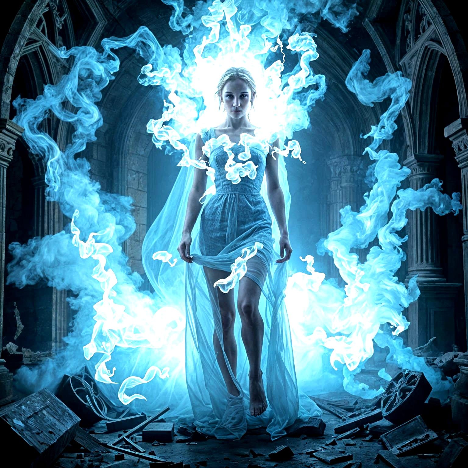 Ghostly Figure in Ruined Gothic Church