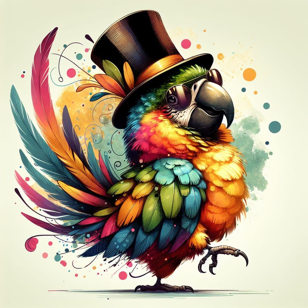Vibrant Parrot in Tiny Top Hat and Sunglasses Dances with Ex...