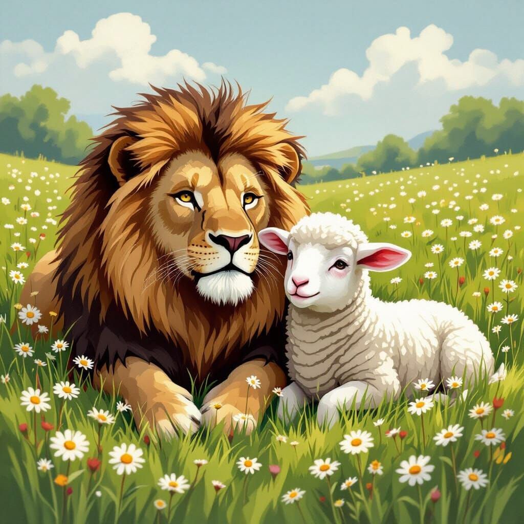 Lion and Lamb in Meadow, Beatrix Potter Style