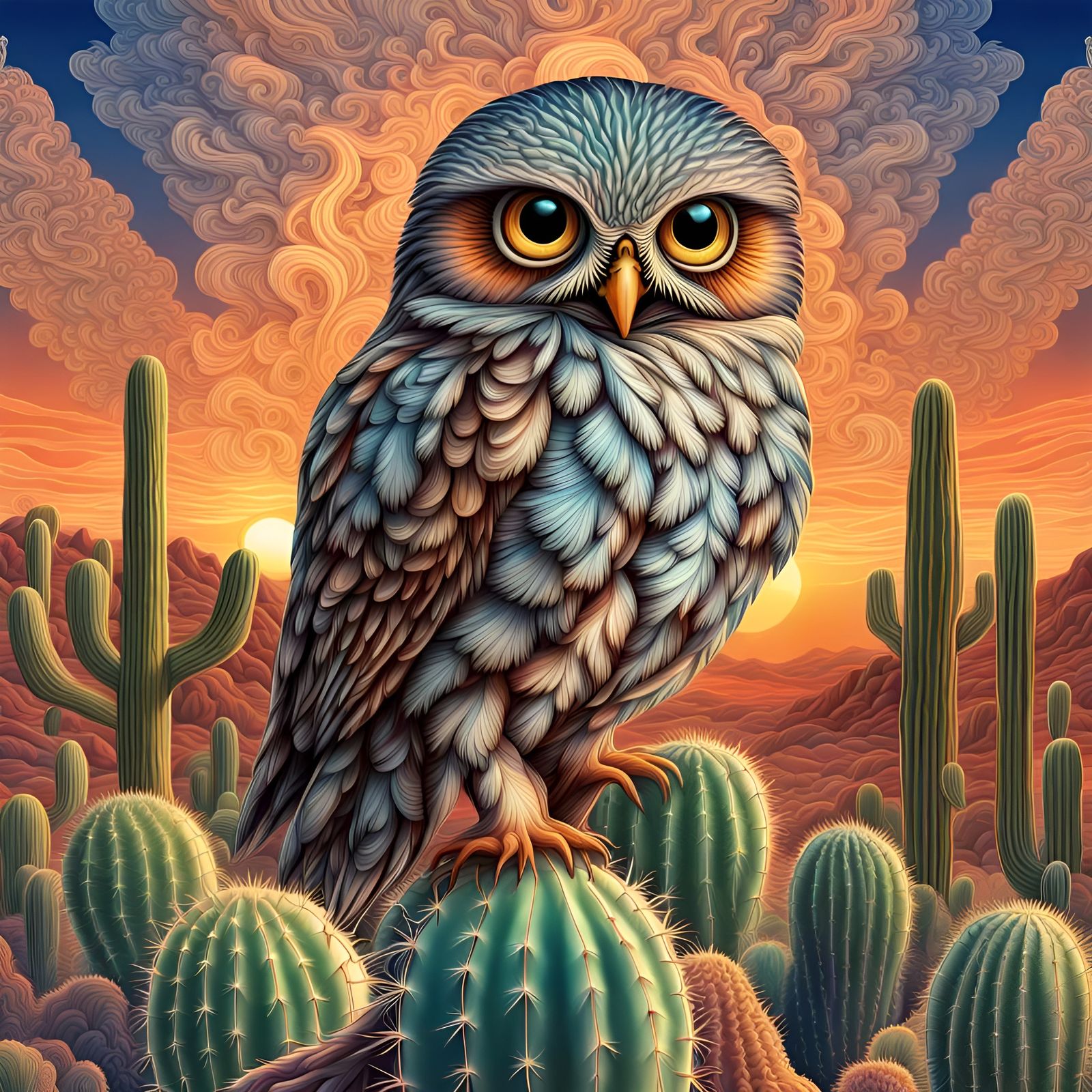 Pygmy Owl in Cactus Home: Ornate Illustration