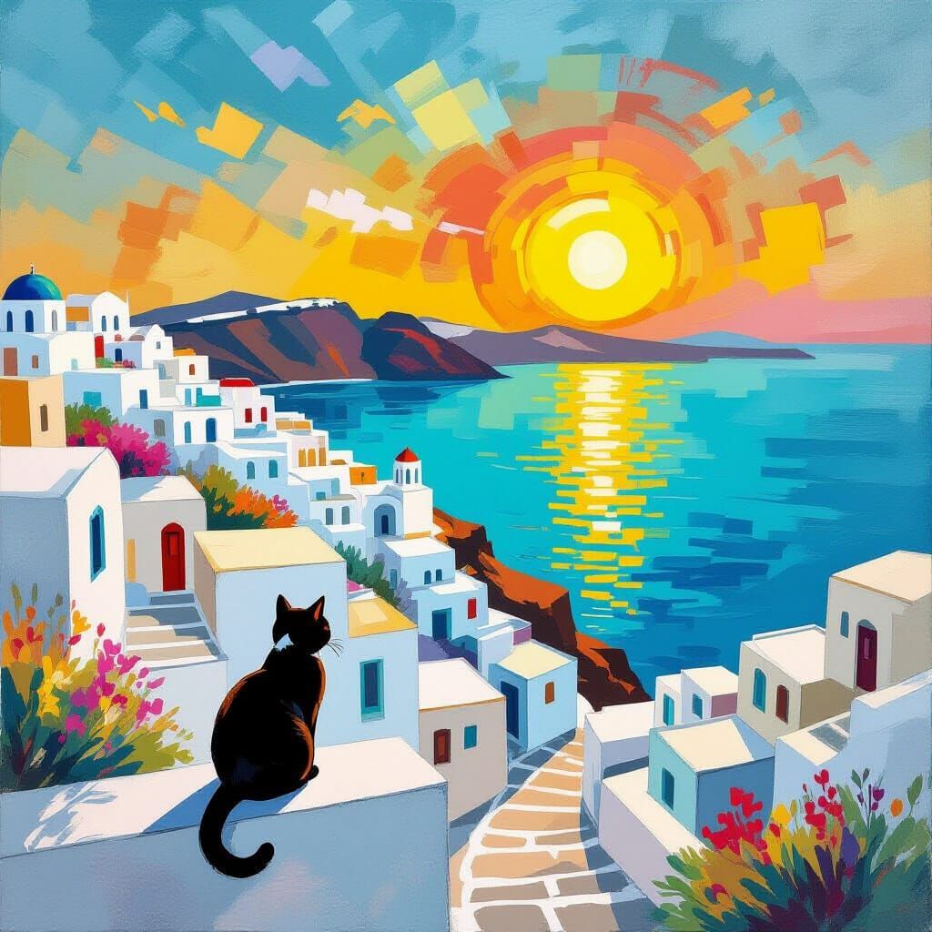 Santorini Sunset: Cat on Rooftop in Abstract Style