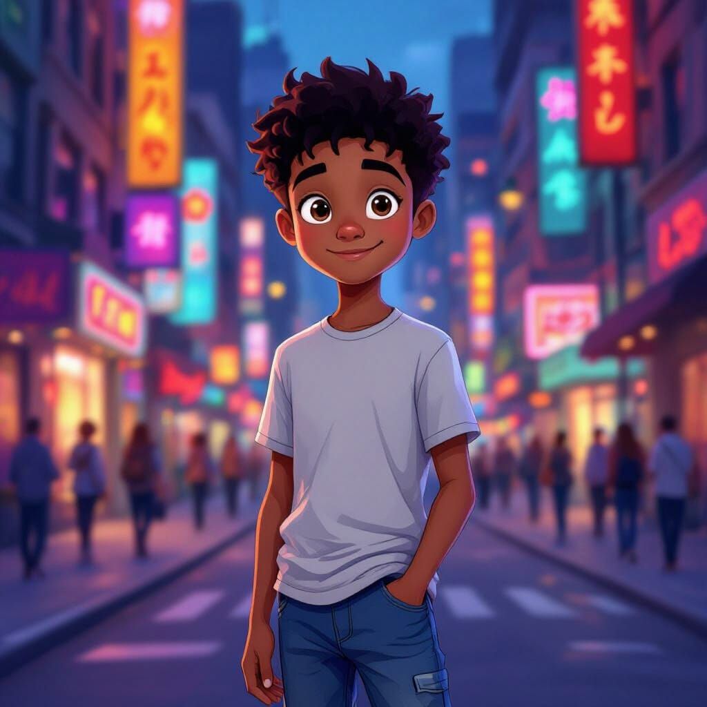Teen in Cityscape: Animated Portrait with Vibrant Colors