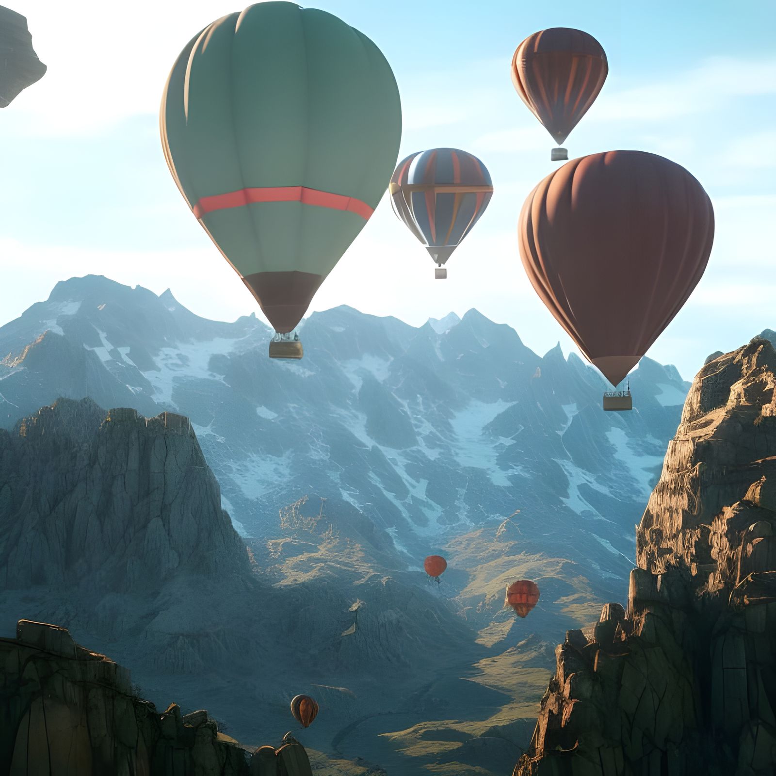 Hot Air Balloons Soaring Over Mountain Peaks