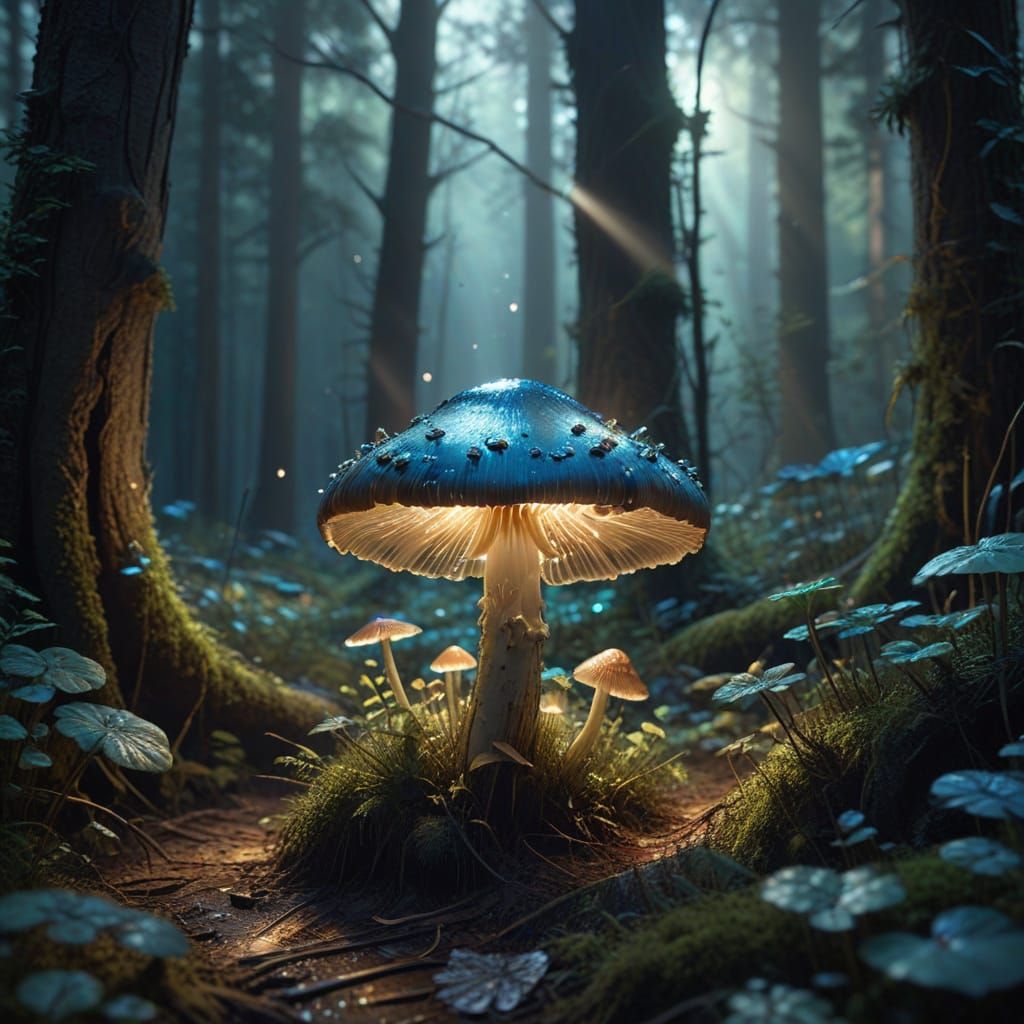Bioluminescent Mushroom in Dark Forest Fantasy Art