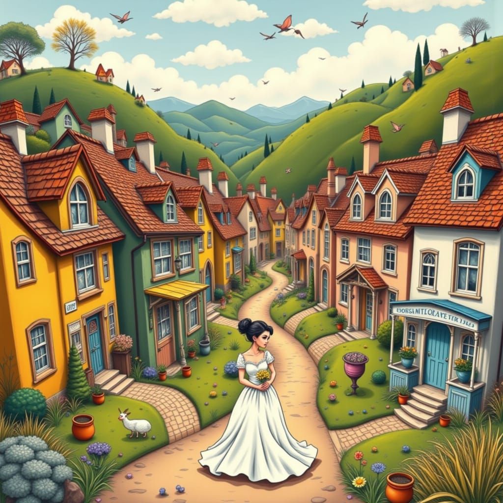 Elegant Woman in Storybook Village, Whimsical Art