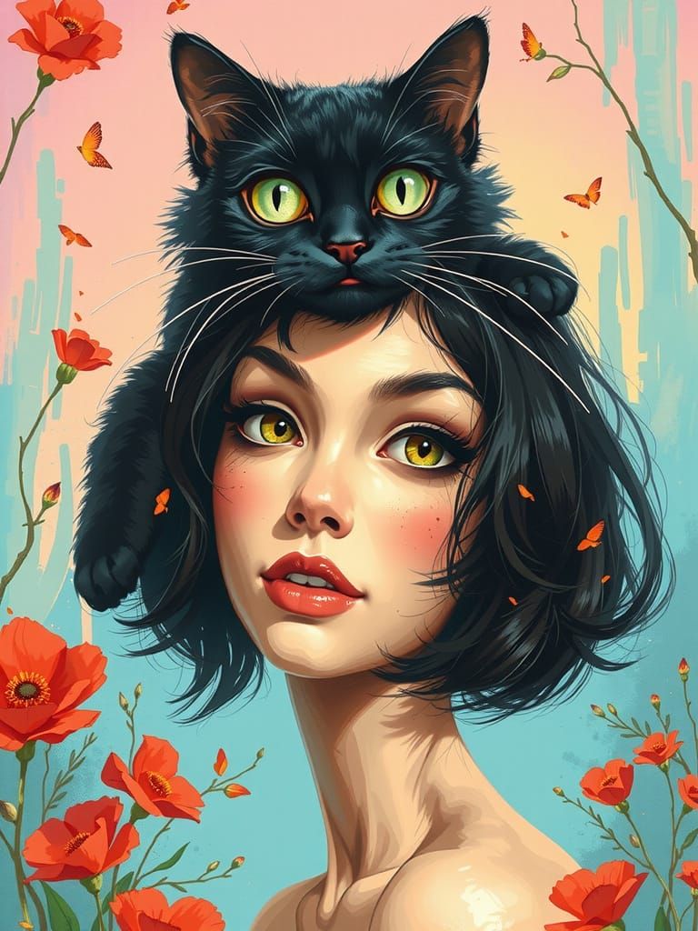 Vibrant Cartoon Portrait of a Woman with a Mischievous Cat