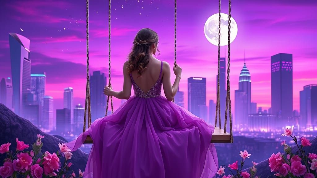 Girl on Swing in Cityscape, Hyperrealistic Photography