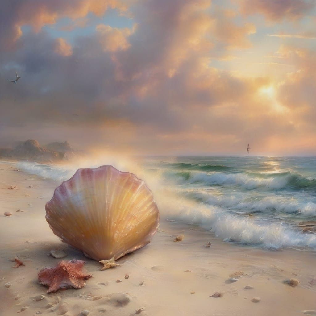 Ethereal Seashell on Beach in Kinkade Style