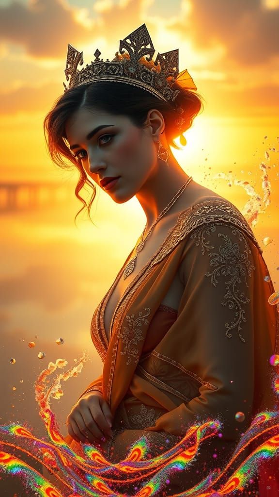 Ethereal Regal Woman in Vibrant Sunset Hues
