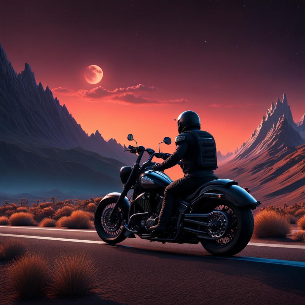 Motorbiker at Night: Detailed Matte Painting