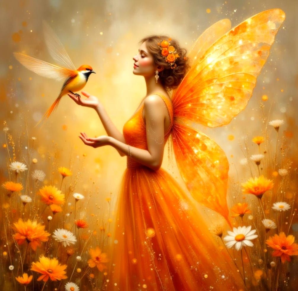 Ethereal Amber Fairy and Magical Bird in Meadow
