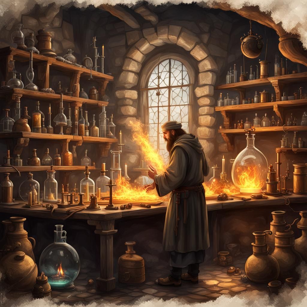 Alchemist in Ancient Science Laboratory with Fantasy Element...