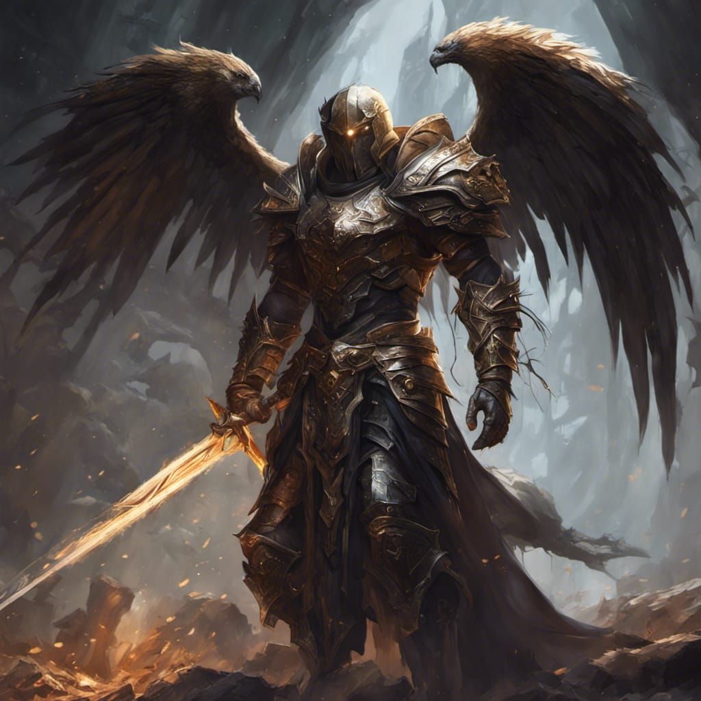 Dark Paladin with Sword and Wings, Hyperdetailed Art