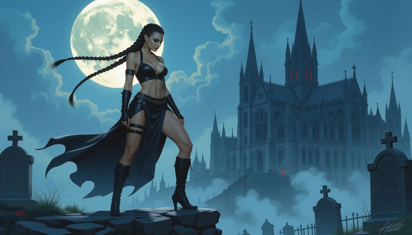 Female Vampire Overlooking Graveyard in Gritty Style