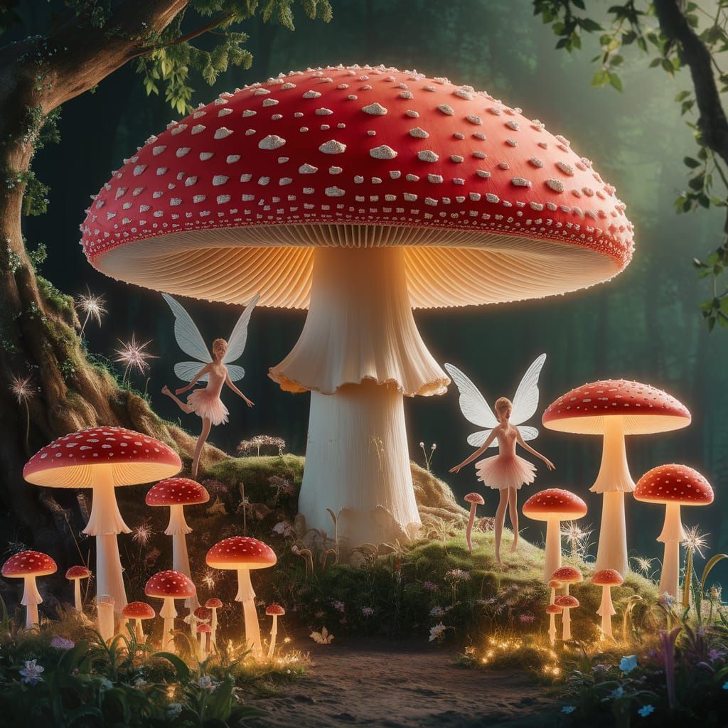 Fairy Fantasy World Sheltered by a Majestic Amanita Mushroom