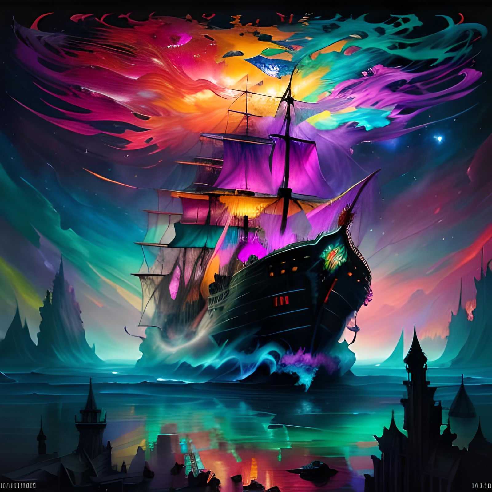 Oil painting. Bermuda triangle ship portal