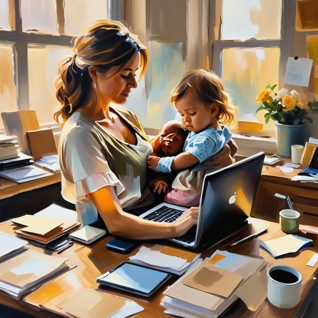 Woman and Baby at Desk: Impressionist Oil Painting