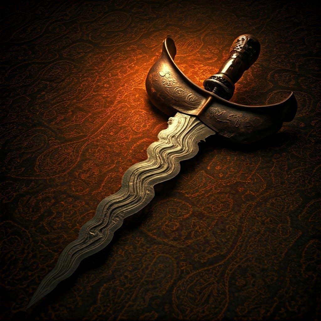 Ornate Keris Dagger with Batik Background