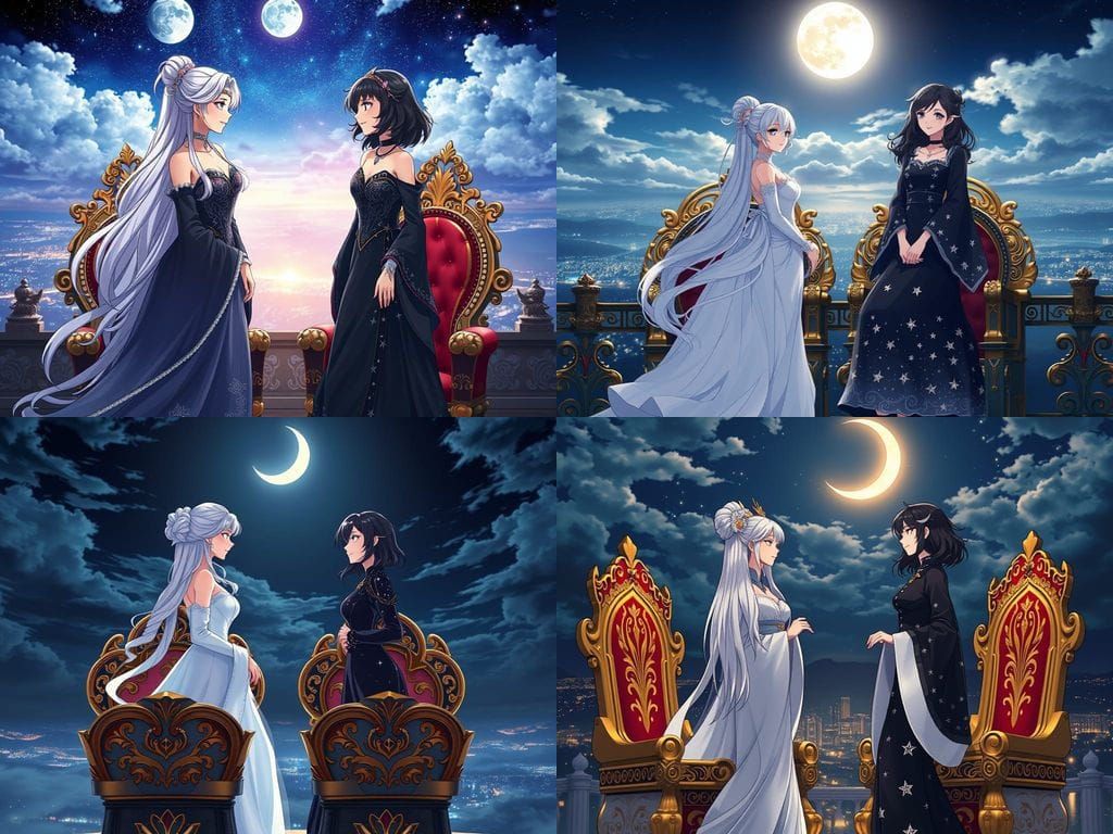 Two Elegant Women Under Crescent Moon, Cartoon Style