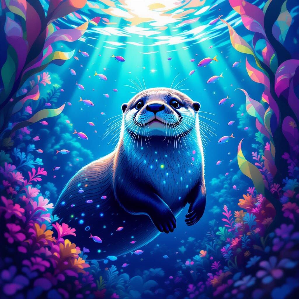 Bioluminescent Otter in Cosmic Surreal Kelp Forest