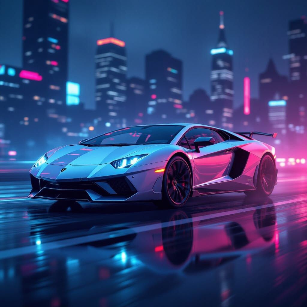 Cyberpunk Lamborghini Aventador Hovering in Neon Cityscape