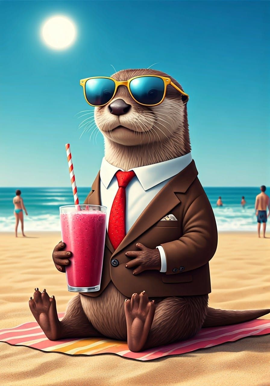 Cartoon Otter in Suit Drinks Smoothie on Beach