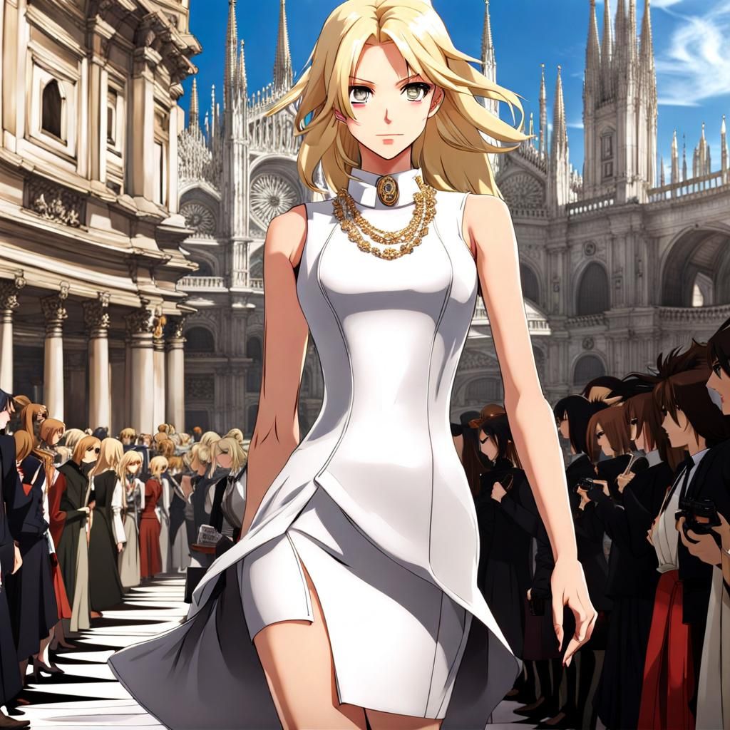 Anime Model on Milan Runway with Hidden Pistol