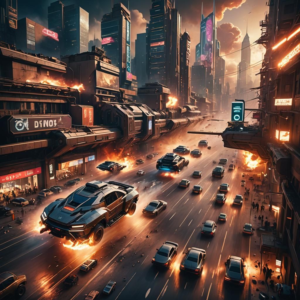 Futuristic City Chase Scene in Cinematic Style