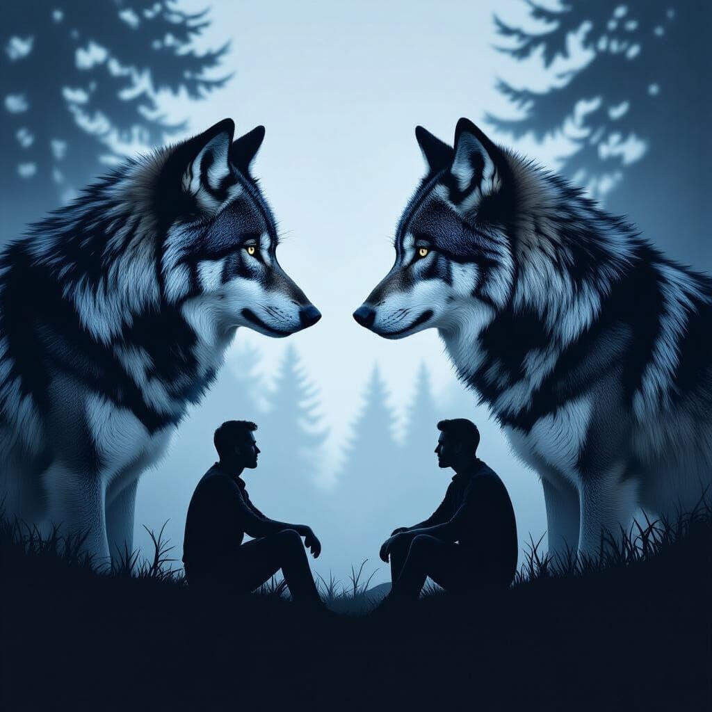 Double Exposure Wolves and Men Artwork