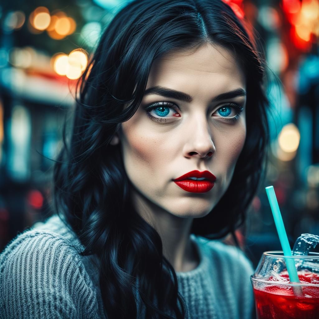 Beautiful Woman with Red Lips and Colorful Drink