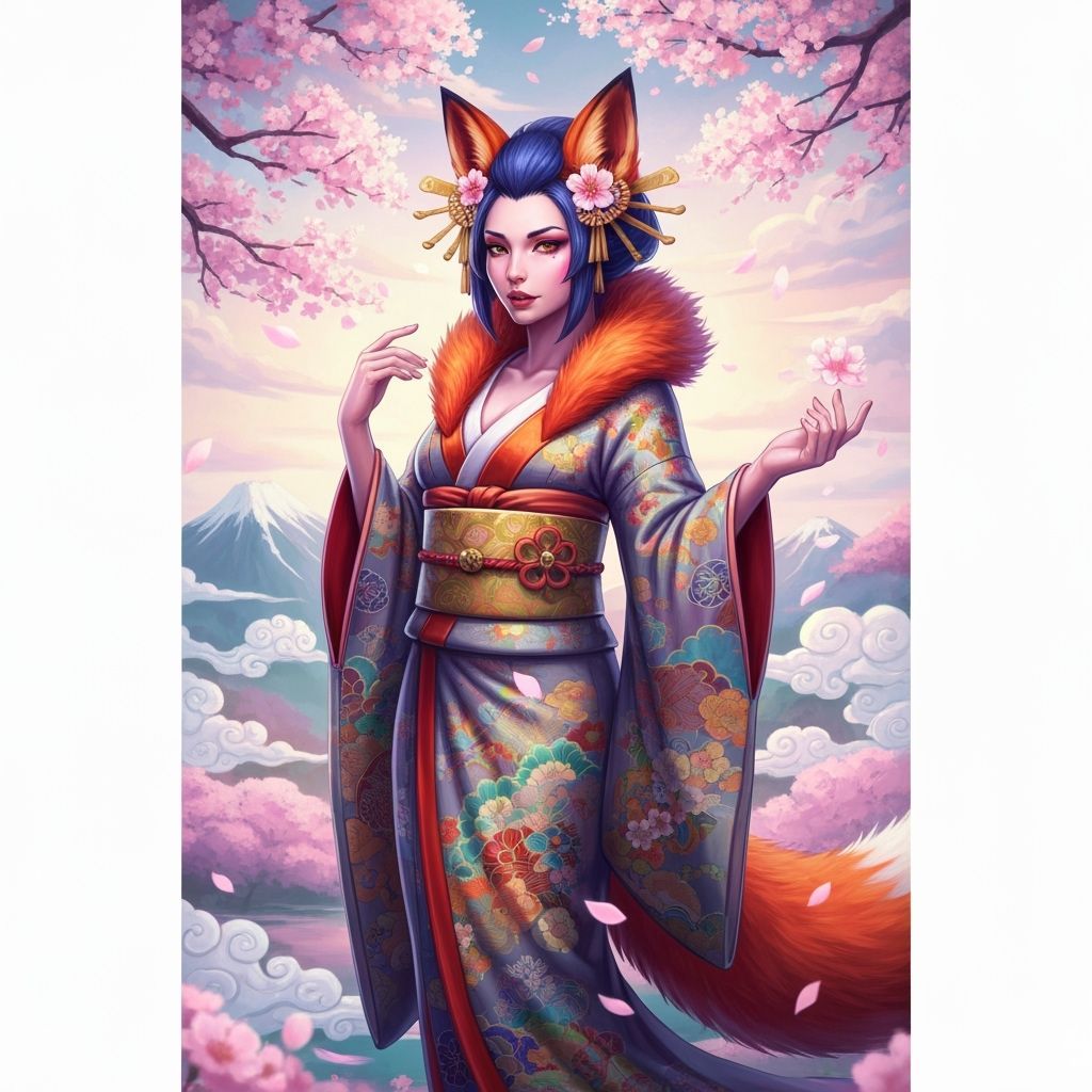 Vixen Goddess in Japanese Kimono with Cherry Blossoms