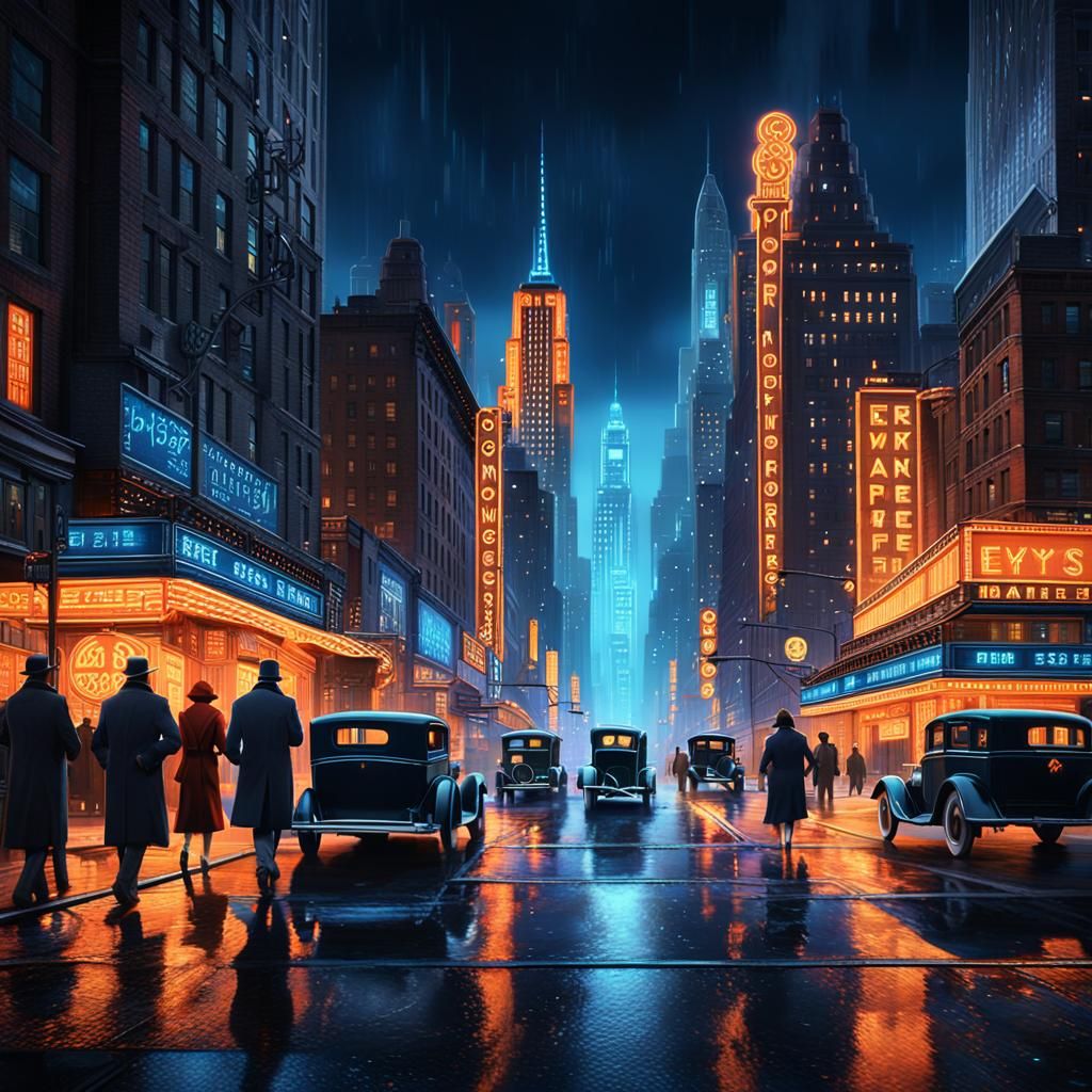 1920's Noir Cityscape with Art Deco Architecture