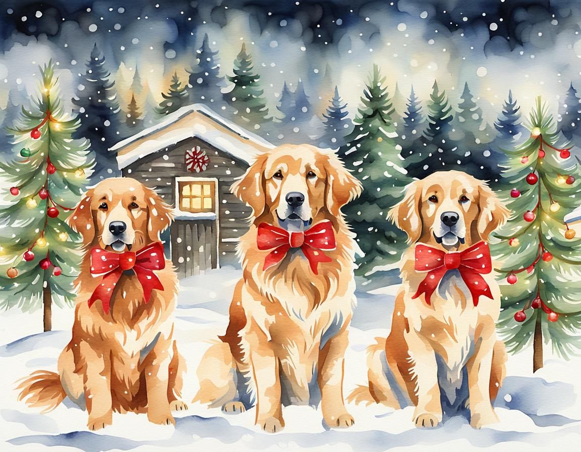 Watercolor Golden Retrievers Celebrate Christmas
