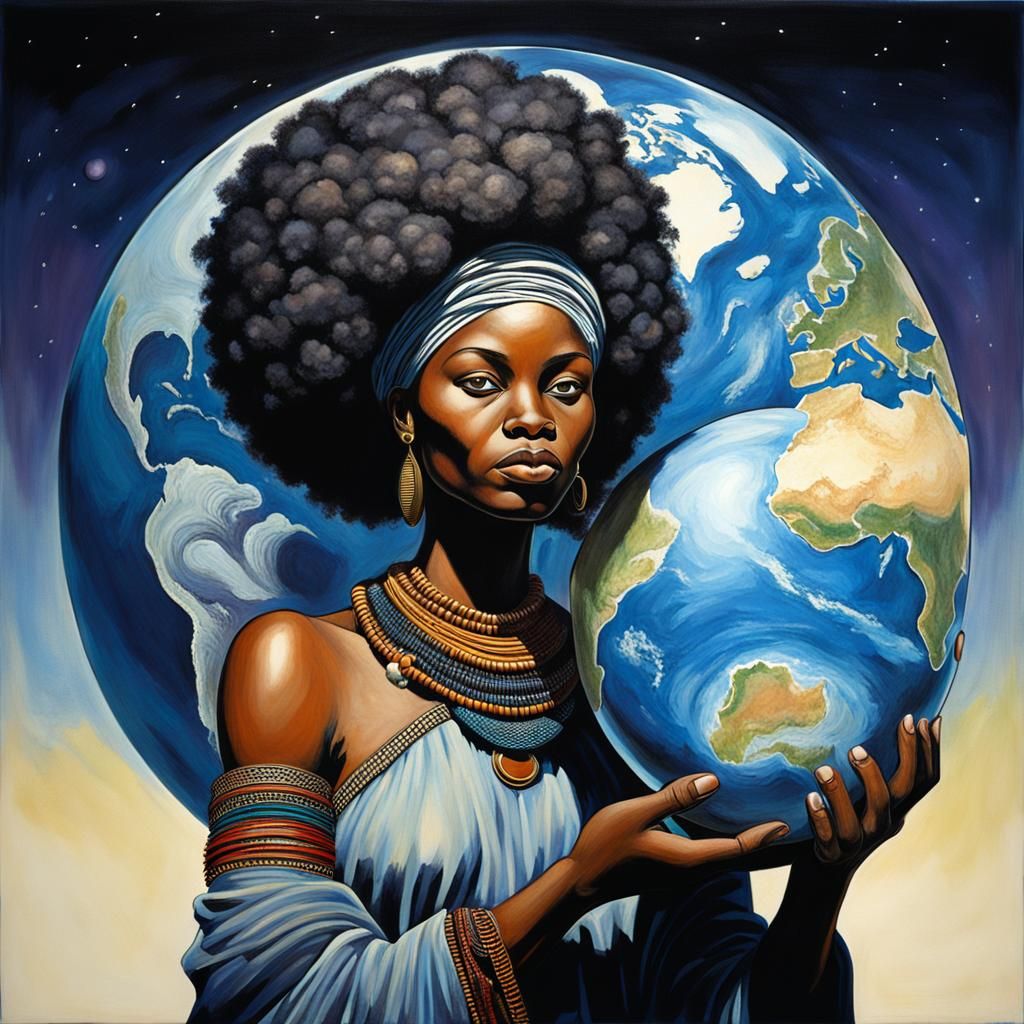 African Woman Holding World in Afrofuturism Style