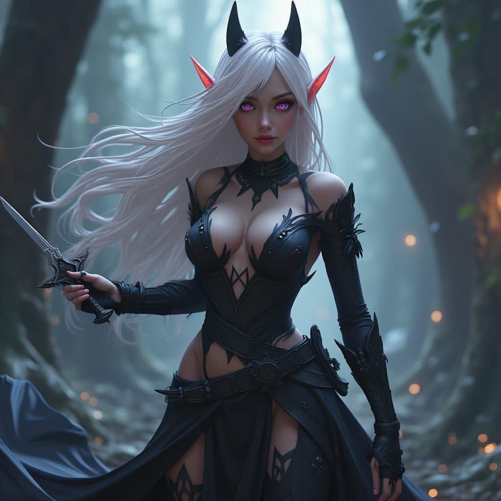 Dark Elf Woman Portrait in Anime Style