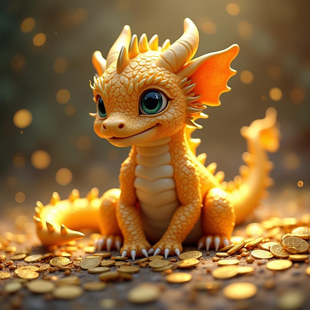 Golden Dragon Cub Amidst Glittering Treasure Trove