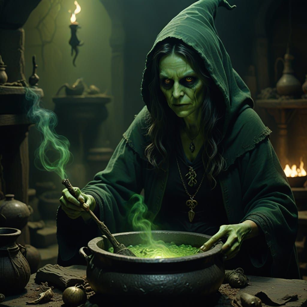 A Green-Skinned Witch Stirs a Bubbling Cauldron in a Moody, ...