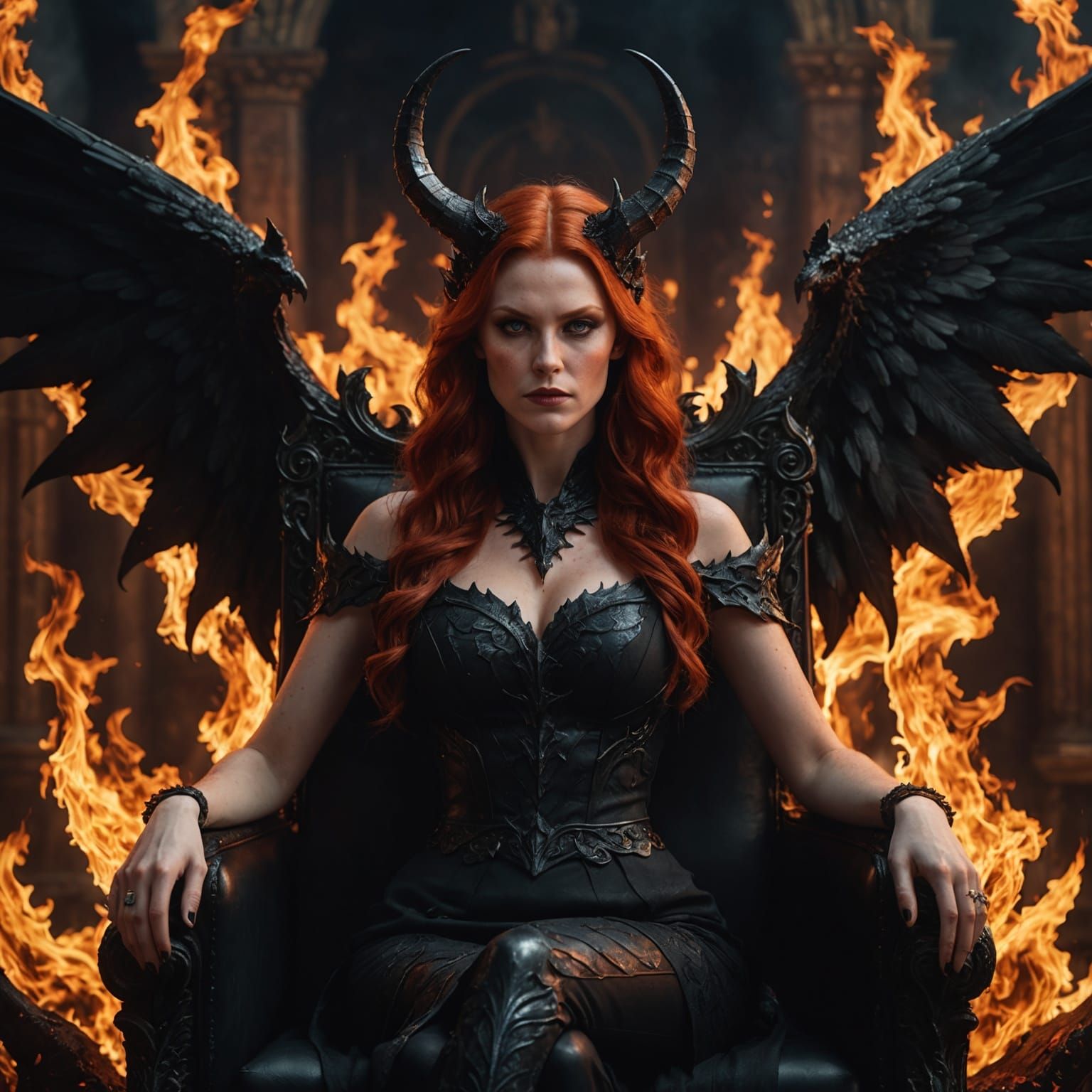 Red-Haired Demon on Throne: Hyperrealistic Portrait