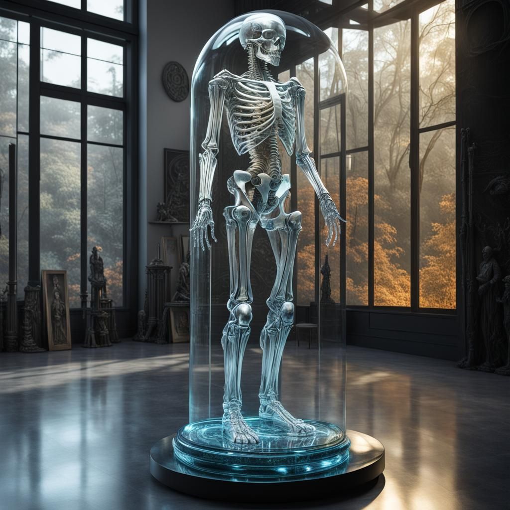 Giger-Style Transparent Glass Skeleton Statue